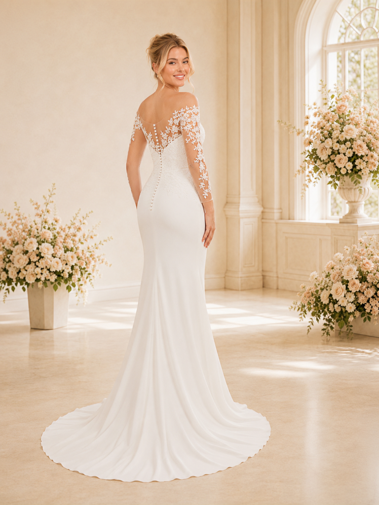 ChicSew Elegant Fancy Illusion Long Sleeves Crepe Mermaid Long Wedding Dresses With Lace Appliques