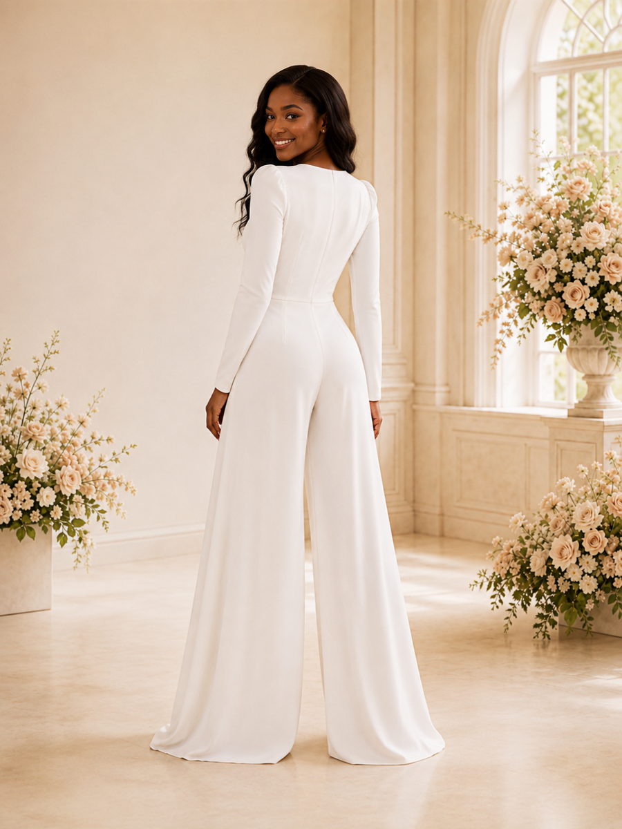 ChicSew Modern V-Neck Long Sleeves Crepe Floor-Length Wedding Jumpsuit