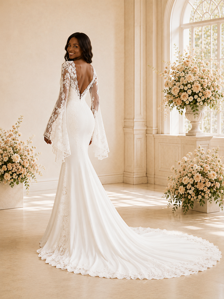 ChicSew Romantic Sexy Deep V-Neck Long Flutter Sleeves Tulle Lace Appliques Maxi Wedding Dress