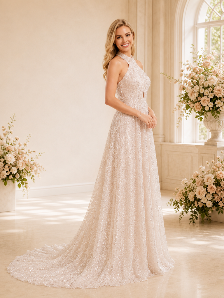 ChicSew Elegant A-line High Neck Sleeveless Glitter Tulle Long Wedding Dresses Open Back