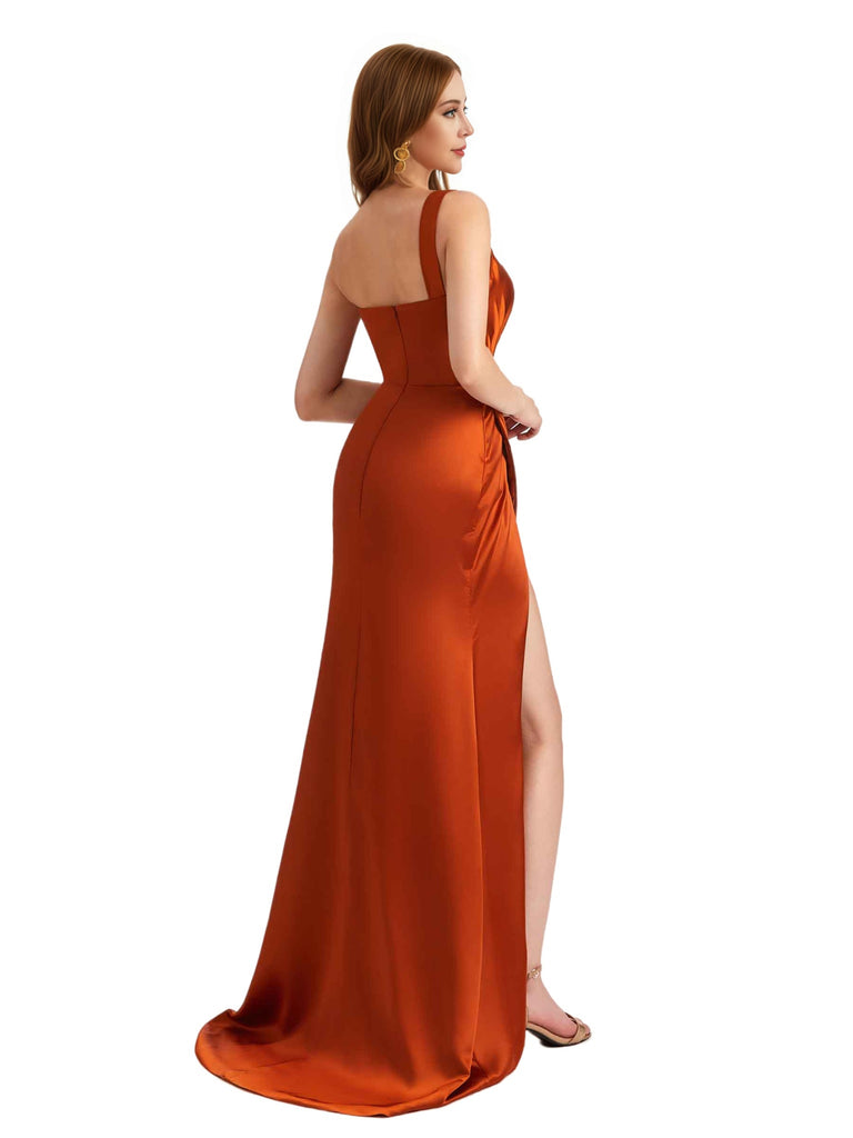 Elegant One Shoulder Side Split Mermaid Long Satin Bridesmaid Dresses Online