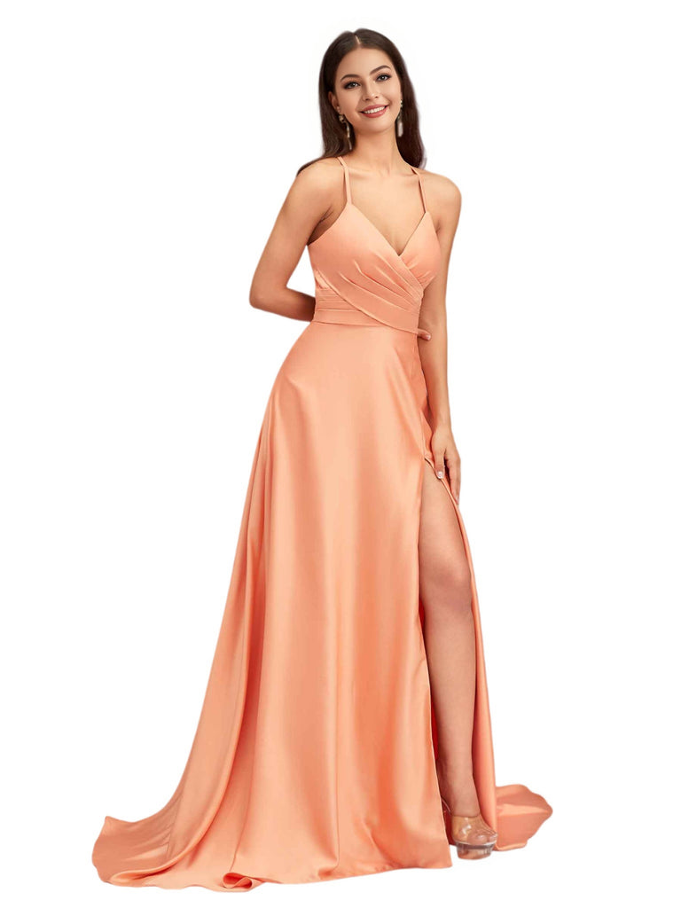 Sexy Spaghetti Straps A-Line Soft Satin Criss cross Side Slit Long Bridesmaid Dresses