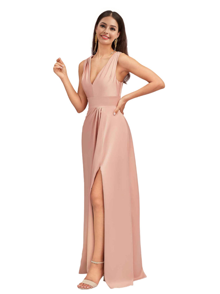 Sexy V-Neck A-Line Soft Satin Beauty Long Bridesmaid Dresses Online
