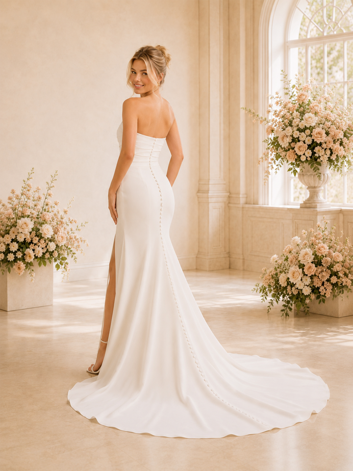 ChicSew Elegant Strapless Crepe Mermaid Side Slit Ruched Foor-Length Wedding Dress With Train