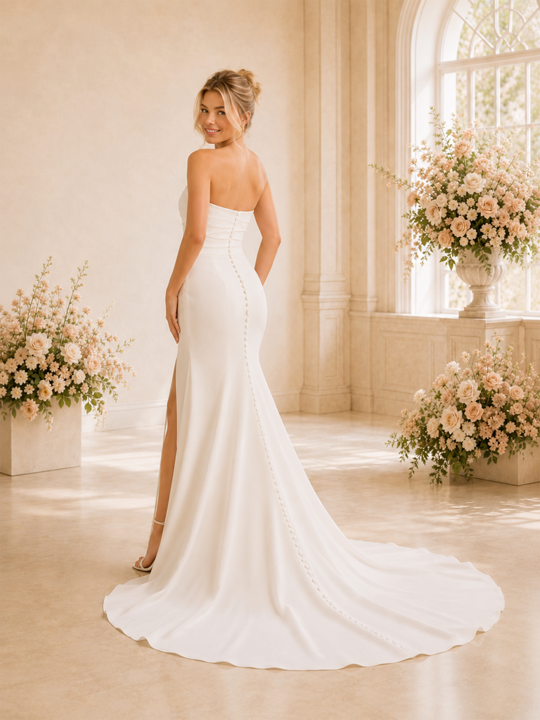 ChicSew Elegant Strapless Crepe Mermaid Side Slit Ruched Foor-Length Wedding Dress With Train