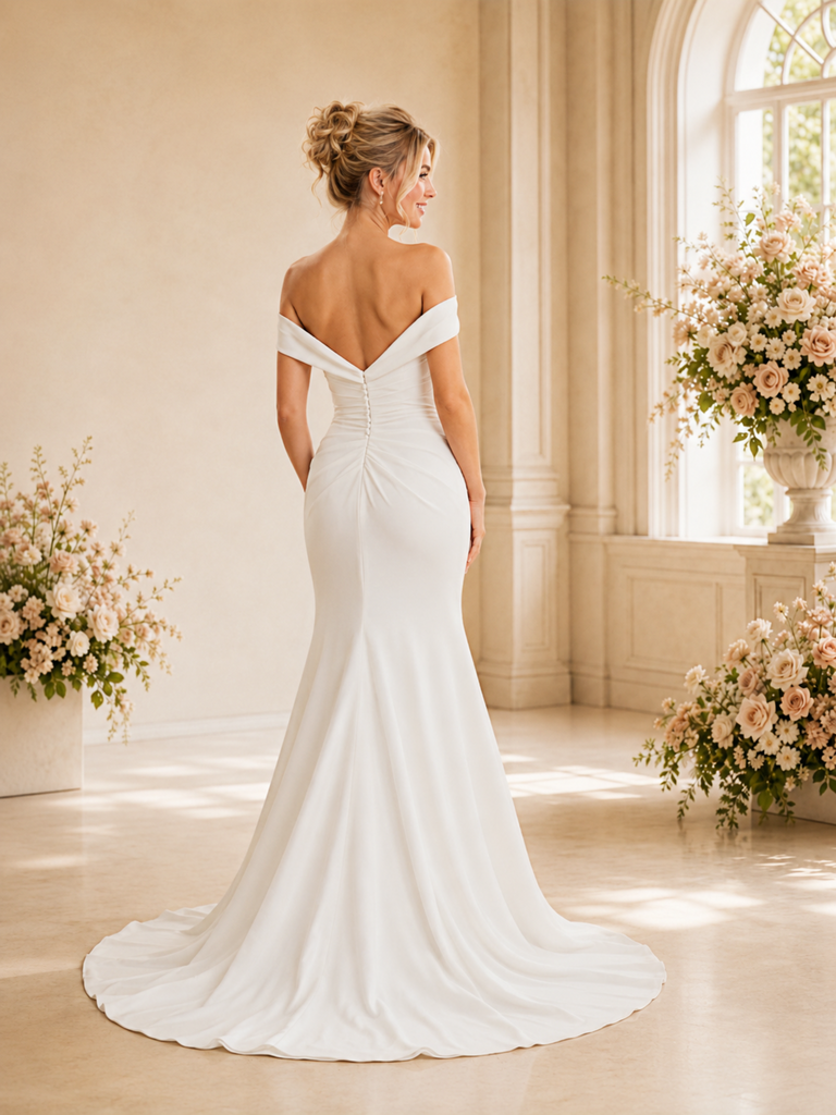 ChicSew Fancy Off The Shoulder Ruching Sleeveless Mermaid Crepe Long Wedding Dress