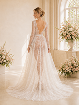ChicSew Sexy V-Neck Long Sleeves Sequin Tulle A-Line Maxi Wedding Dress