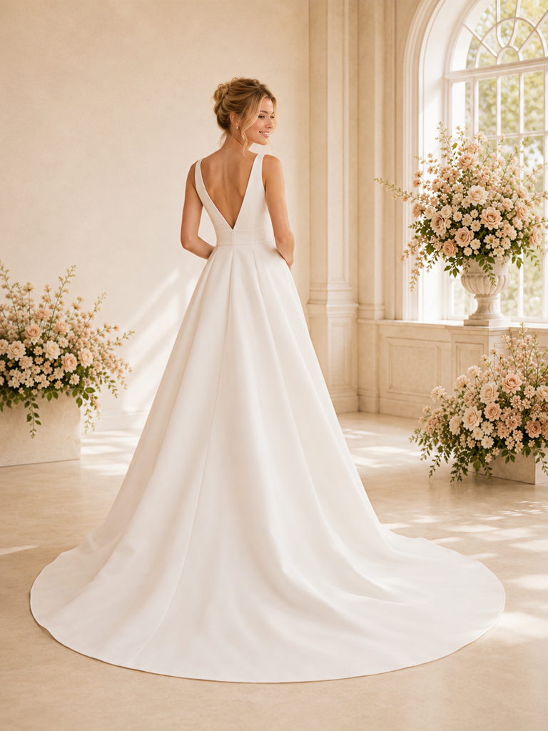 ChicSew Elegant V-Neck Spaghetti Straps Crepe Sleeveless A-Line Side Slit Wedding Dresses
