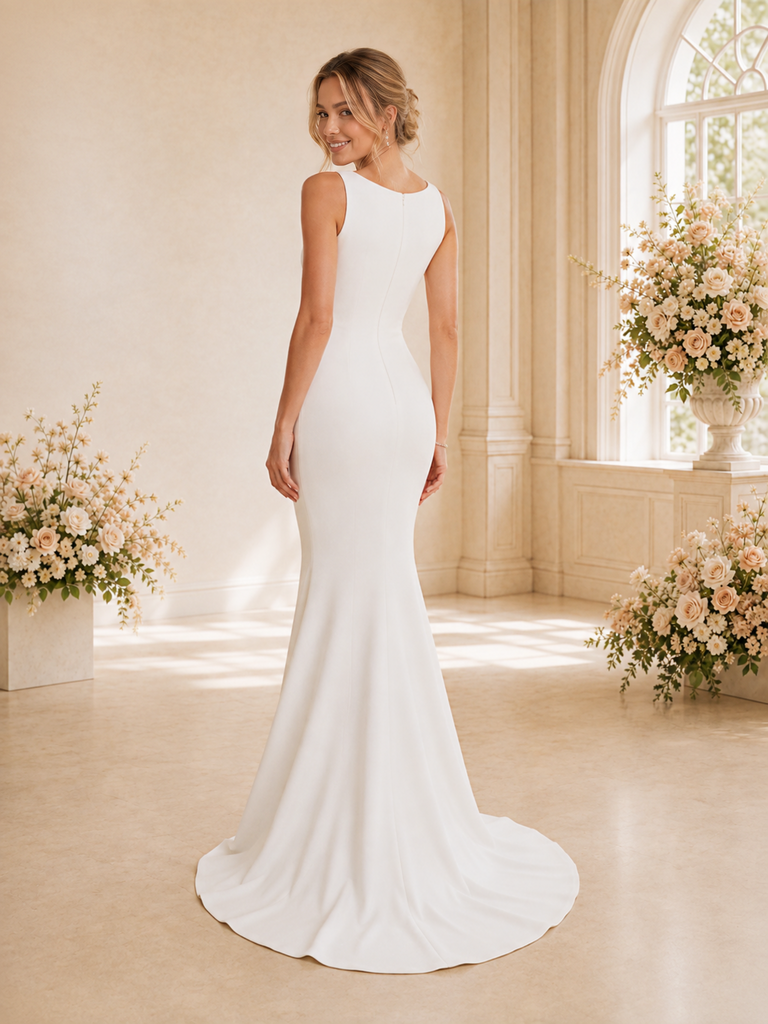 ChicSew Modern Bateau Sleeveless Crepe Long Mermaid Wedding Dress