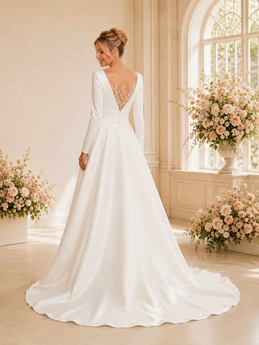 ChicSew Unique V-Neck Long Sleeves Satin A-Line Floor-Length Wedding Dresses With Lace