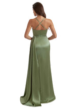 Elegant Silky Satin Side Slit Long Bridesmaid Dresses Online Mermaid Spaghetti Straps