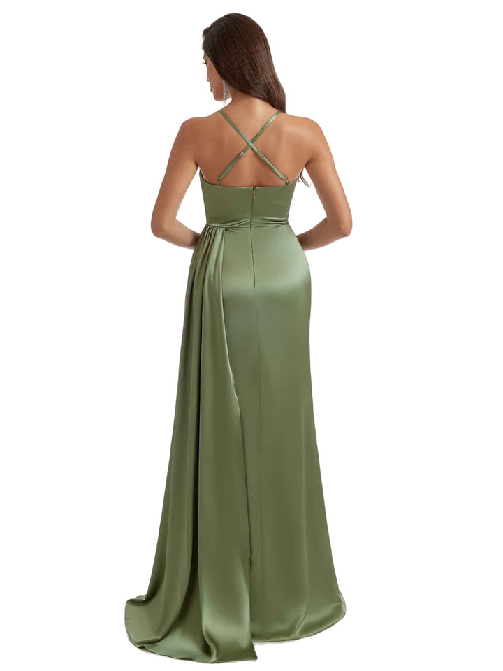 Elegant Silky Satin Side Slit Long Bridesmaid Dresses Online Mermaid Spaghetti Straps