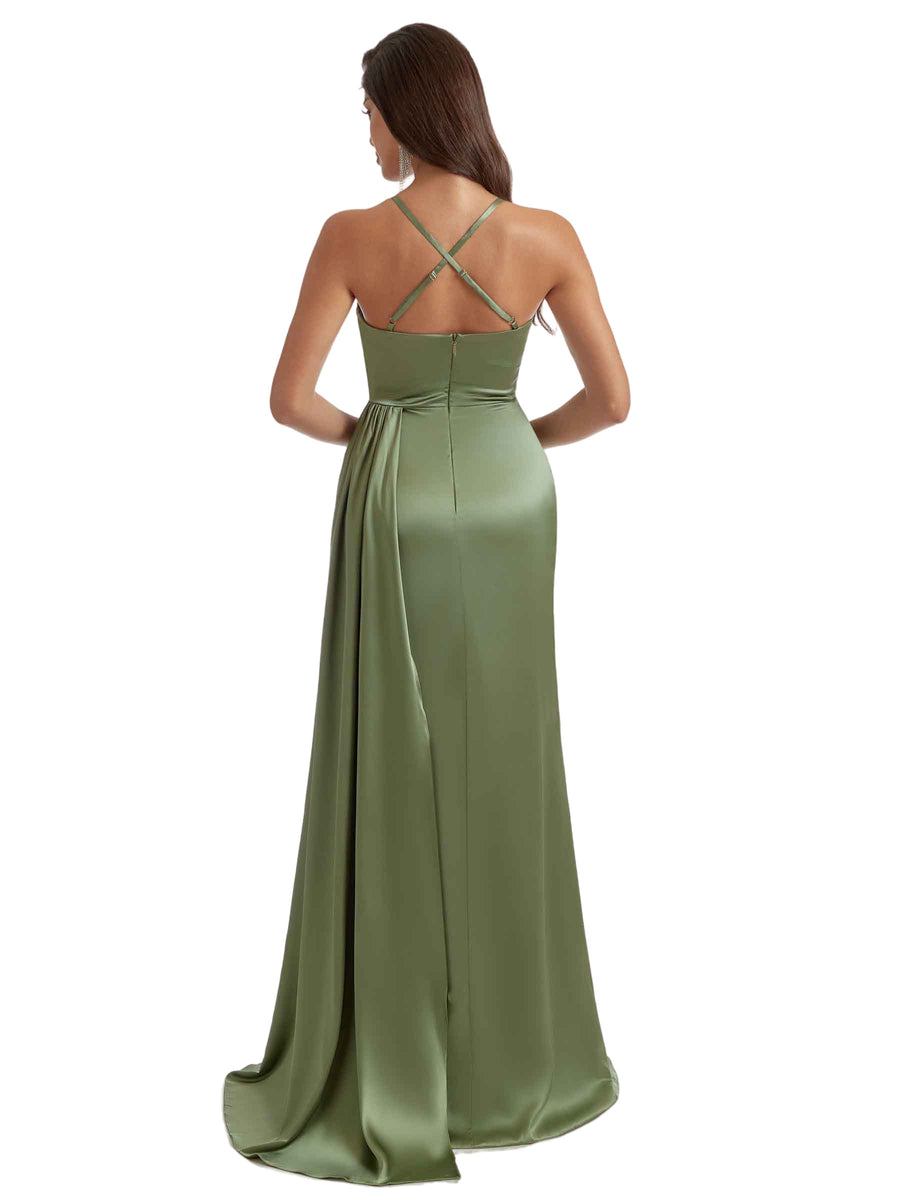 Elegant Silky Satin Side Slit Long Bridesmaid Dresses Online Mermaid Spaghetti Straps