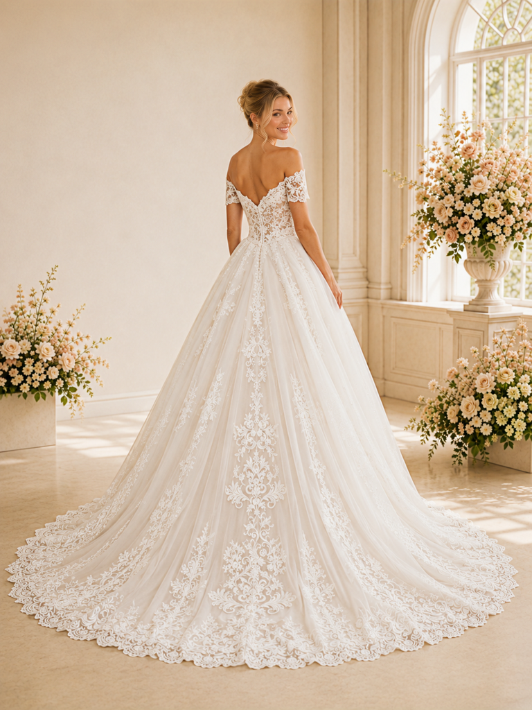ChicSew Elegant Modern Off The Shoulder A-Line Lace Floor-Length Wedding Dresses With Train