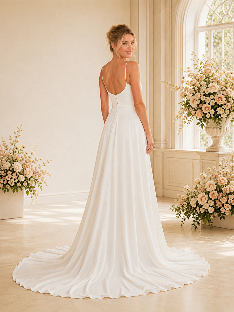 ChicSew Beautiful Spaghetti Straps Satin A-Line Floor-Length Wedding Dress With Train