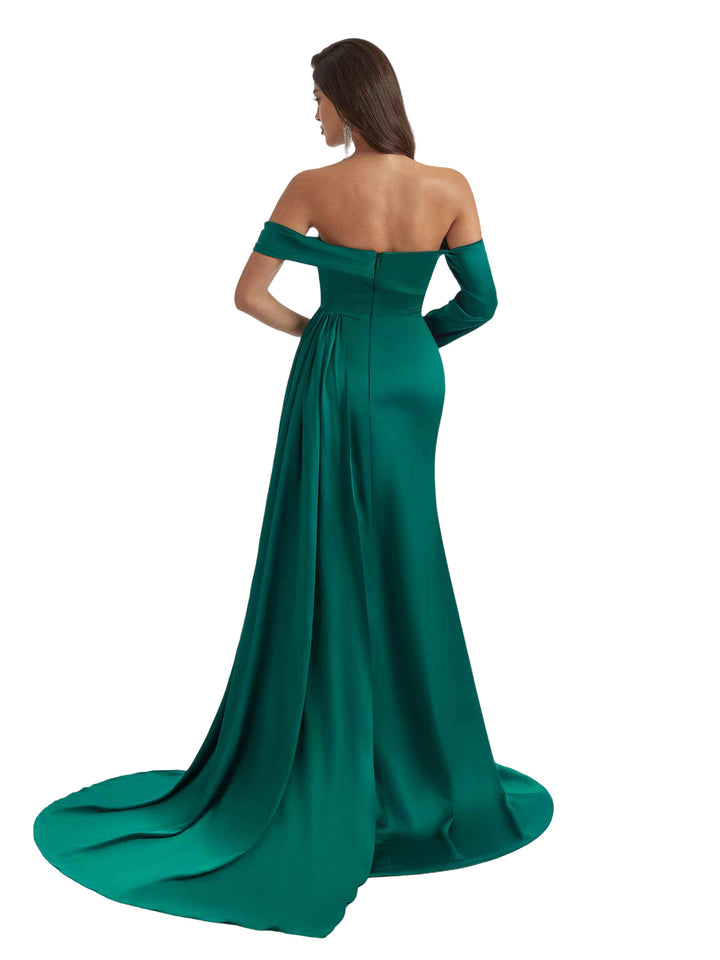 Unique Asymmetric Off The Shoulder Mermaid Satin Long Bridesmaid Dresses Online Slit