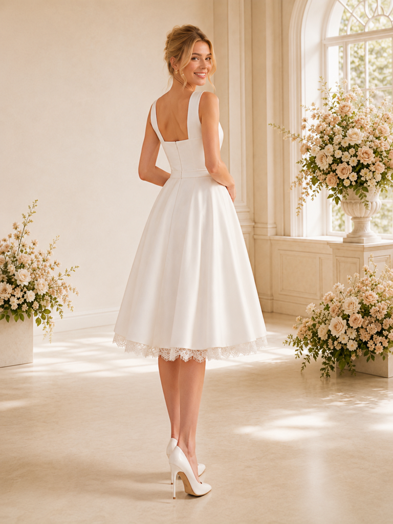 ChicSew Classy Satin A-Line Spaghetti Straps Lace Knee-Length Wedding Dresses