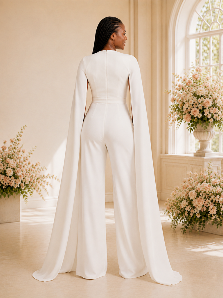 ChicSew Modern Unique Deep V-Neck Crepe Floor-Length Wedding Jumpsuit With Cape Sleeves