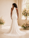 ChicSew Fancy Unique Crepe Halter Mermaid Long Wedding Dress With Lace Applique