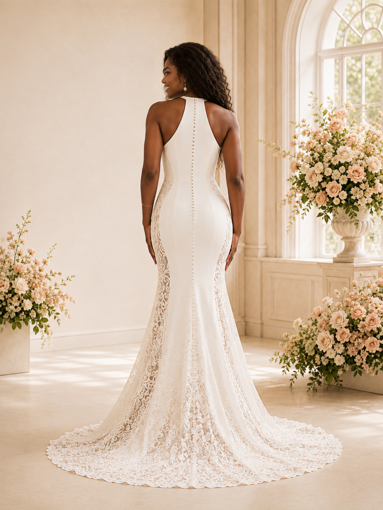 ChicSew Fancy Unique Crepe Halter Mermaid Long Wedding Dress With Lace Applique