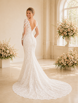ChicSew Morden V-Neck Long Sleeves Satin Lace Mermaid Floor-Length Wedding Dress