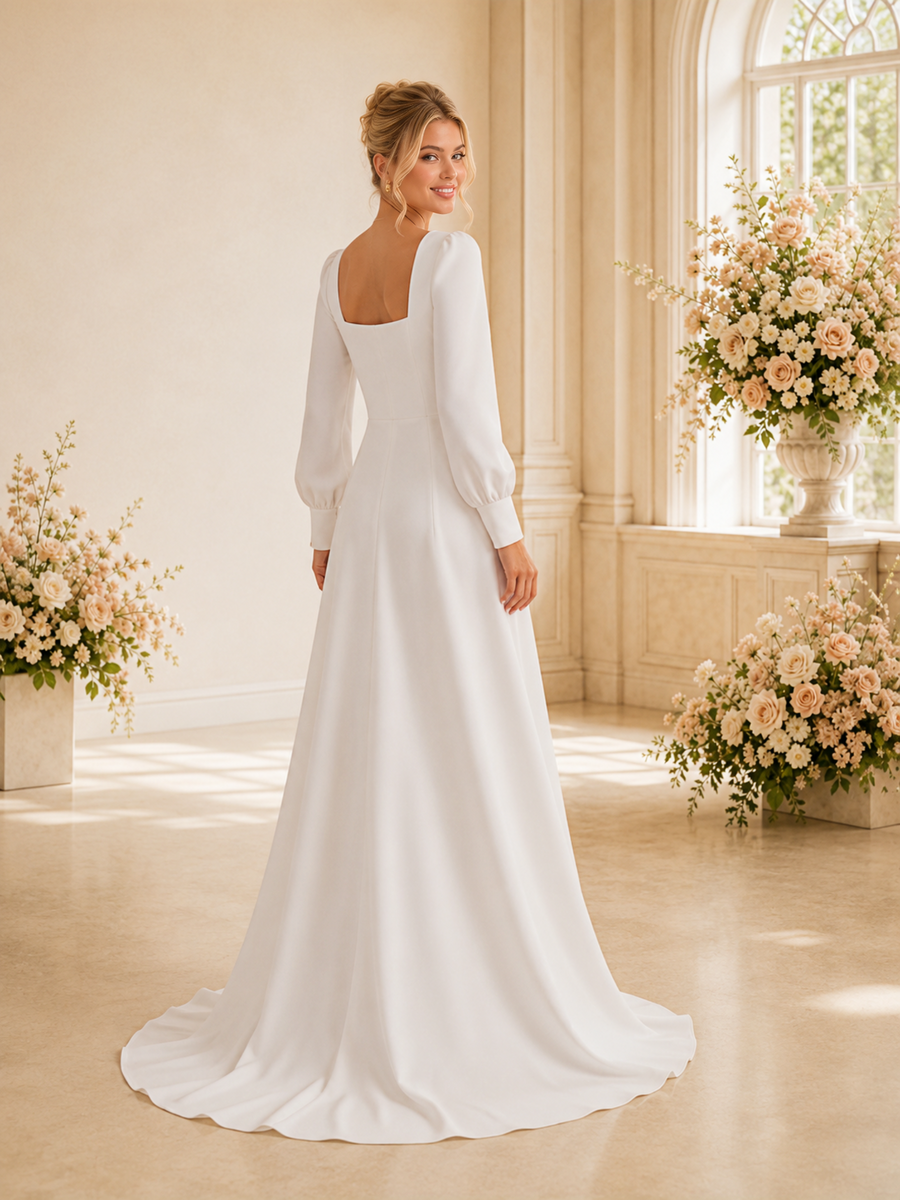 ChicSew Simple Square Long Sleeves Crepe A-Line Wedding Dresses With Train