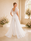 ChicSew Modern Unique V-Neck Flutter Sleeves Chiffon Applique Floor-Length Wedding Jumpsuit With Overskirt