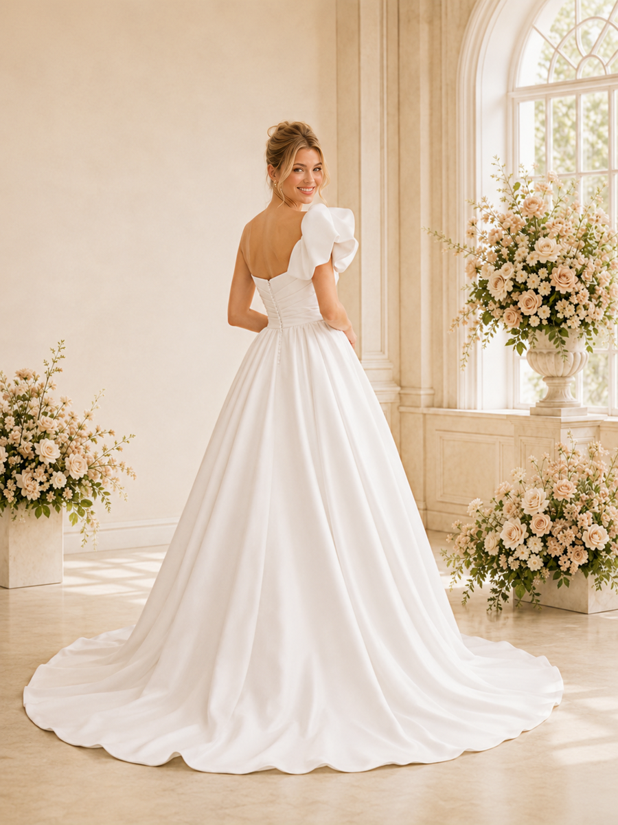 ChicSew Fancy One Shoulder Ruching Satin A-Line Maxi Long Wedding Dress