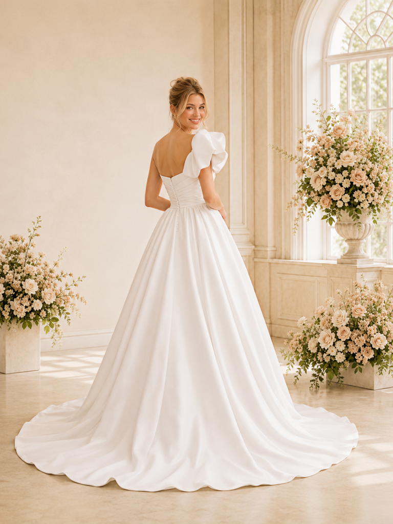 ChicSew Fancy One Shoulder Ruching Satin A-Line Maxi Long Wedding Dress