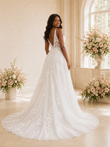 ChicSew Elegant Spaghetti Straps V-Neck Tulle Long A-Line Wedding Dress With Lace Appliques