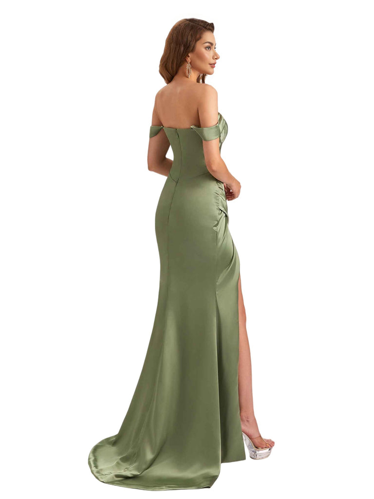 Sexy Off The Shoulder Silky Satin Mermaid Side Slit Long Bridesmaid Dresses Online