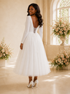 ChicSew Elegant Illusion Long Sleeves Crepe Tulle Tea-Length Wedding Dress