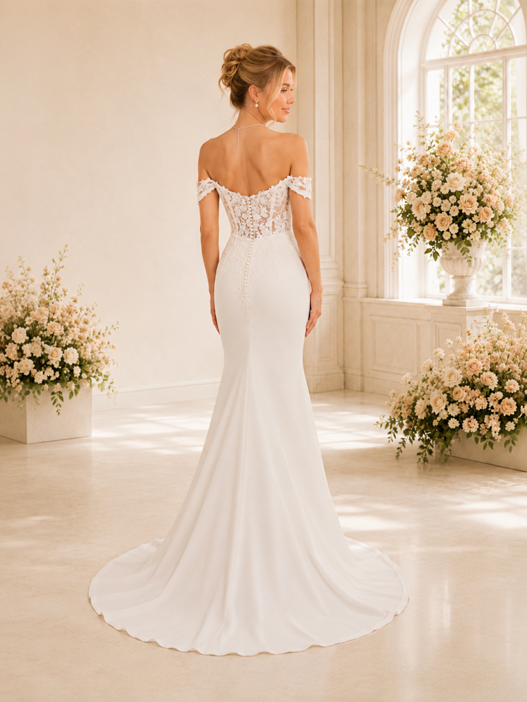 Chicsew Fancy Off The Shoulder Mermaid Sleeveless Lace Crepe Wedding Dress