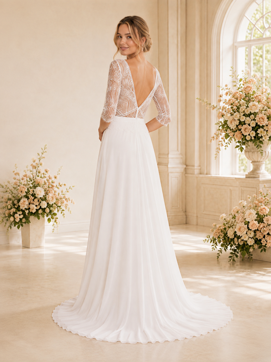 ChicSew Sexy Deep V-Neck 3/4 Sleeves Lace Chiffon A-Line Maxi Wedding Dress