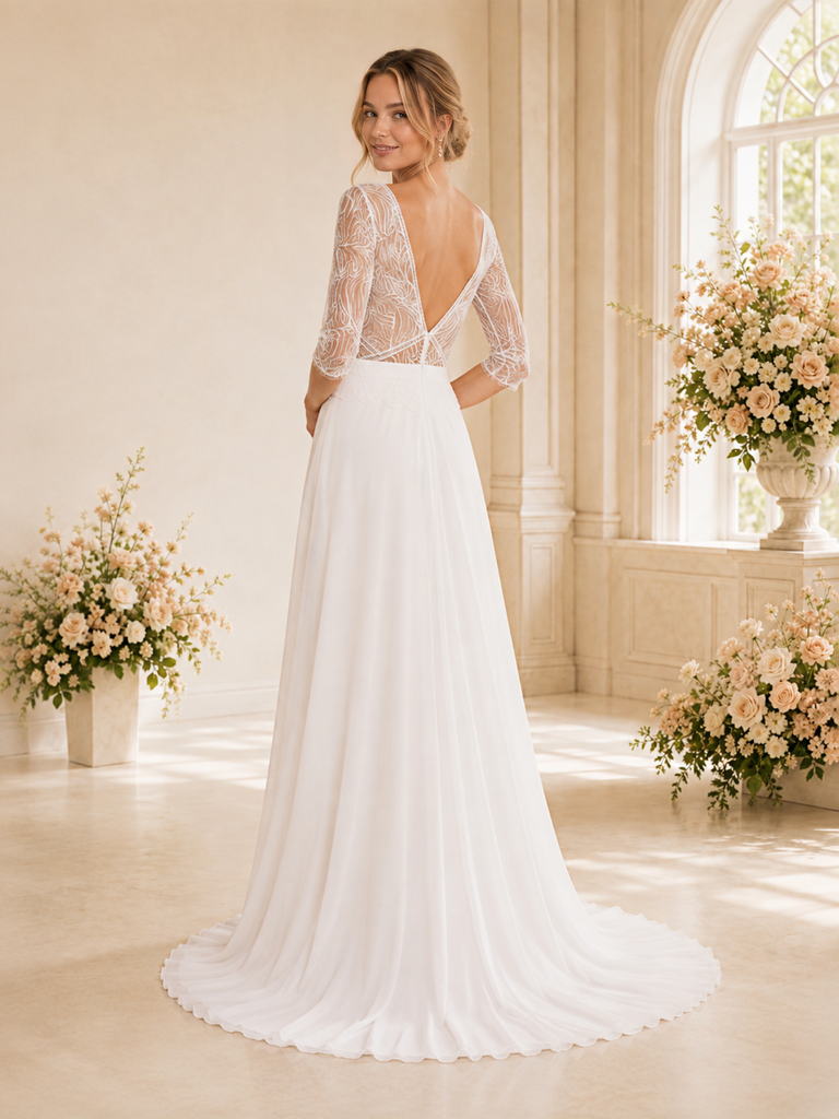ChicSew Sexy Deep V-Neck 3/4 Sleeves Lace Chiffon A-Line Maxi Wedding Dress