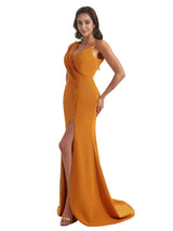 Sexy Side Slit Asymmetric Straps V-Neck Mermaid Crepe Long Bridesmaid Dress For Wedding