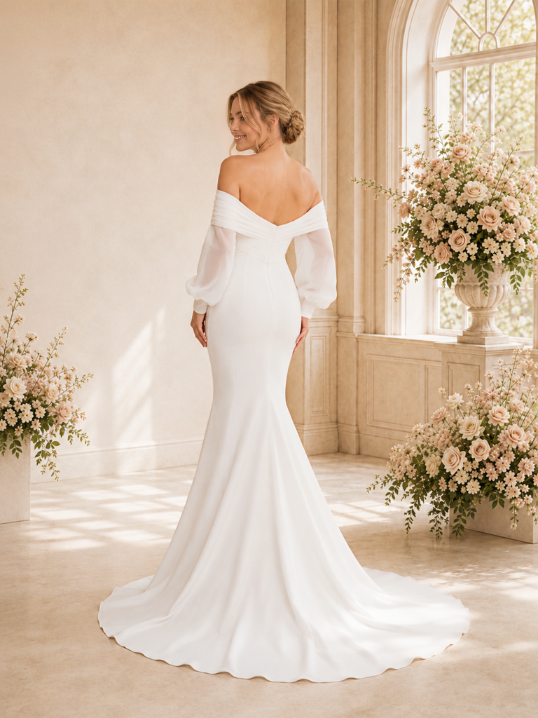 ChicSew Elegant Off The Shoulder Long Sleeves Crepe Mermaid Maxi Wedding Dress