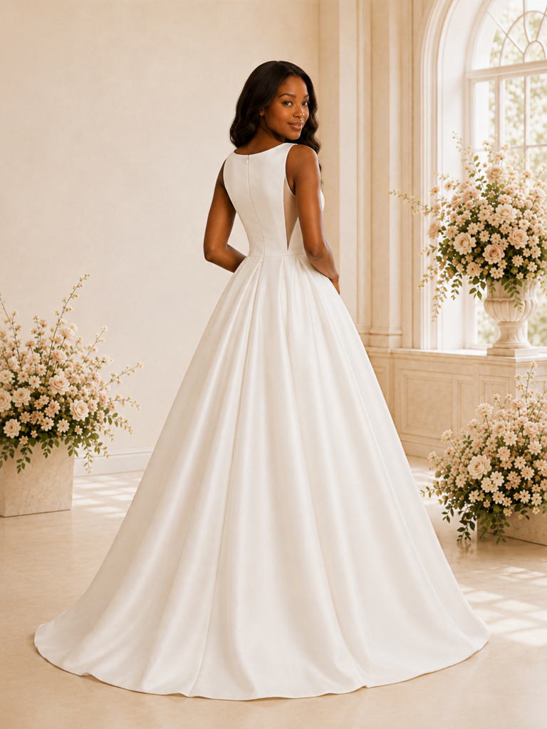 ChicSew Elegant Simple Bateau Sleeveless A-Line Satin Maxi Long Wedding Dress
