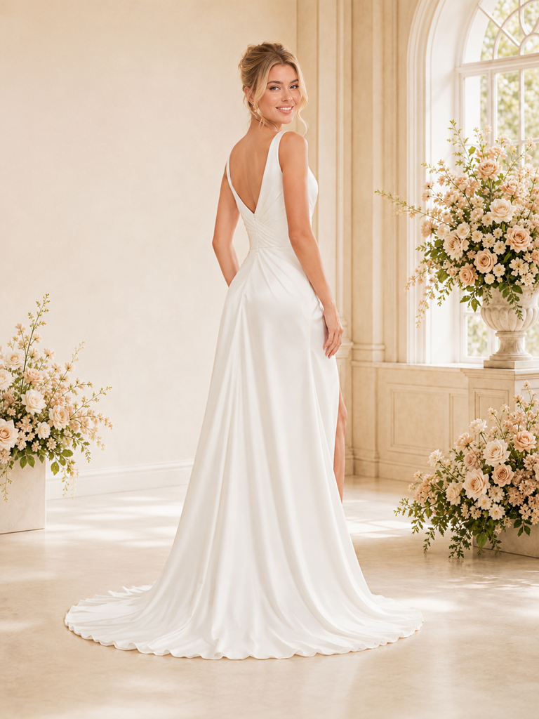 ChicSew Sexy Ruched V-Neck Mermaid Sleeveless Floor-Length Wedding Dress With Side Slit