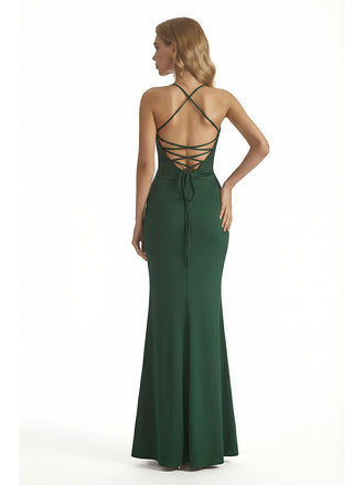 Sexy Spaghetti Straps V-Neck Mermaid Jersey Side Slit Long Formal Dresses For Women