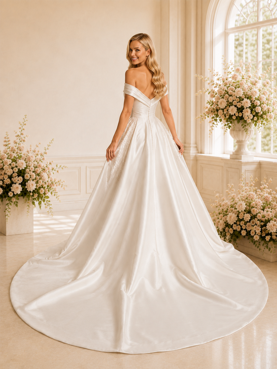 ChicSew Unique Mermaid Off The Shoulder Beading Satin Long Wedding Dresses With Overskirt