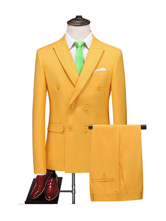 Gold 2 pieces Men‘s Suit Slim Fit Flat Double Breasted Peak Lapel Tuxedo CN502