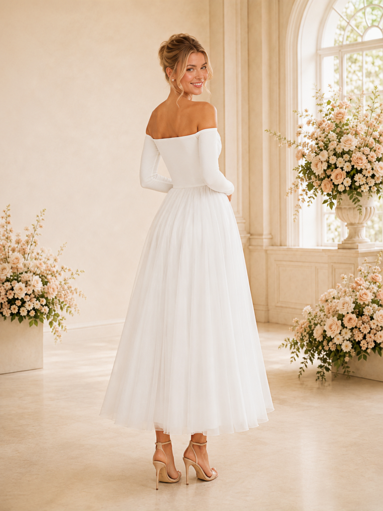 ChicSew Beautiful Strapless 3/4 Sleeves Crepe Tulle A-Line Tea-Length Wedding Dresses