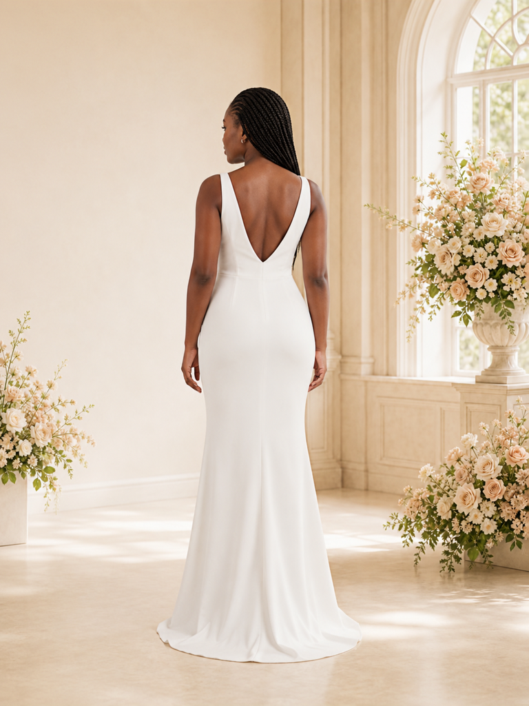 ChicSew Elegant Spaghetti Straps V-Neck Crepe  Mermaid Maxi Wedding Dress