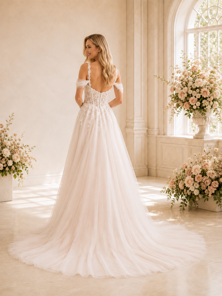 ChicSew Unique A-Line Cold Shoulder Lace Tulle Sleeveless Long Wedding Dresses With Train