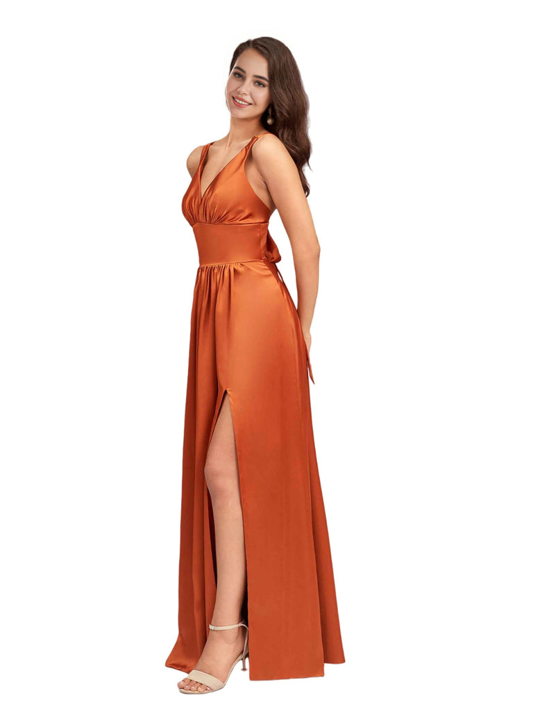 Sexy V-Neck Soft Satin A-Line Side Slit Long Bridesmaid Dresses Online