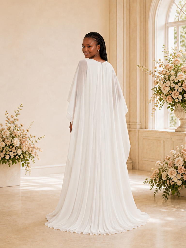 ChicSew Elegant Jewel Chiffon Pleated A-Line Floor-Length Wedding Dress With Cape Sleeve