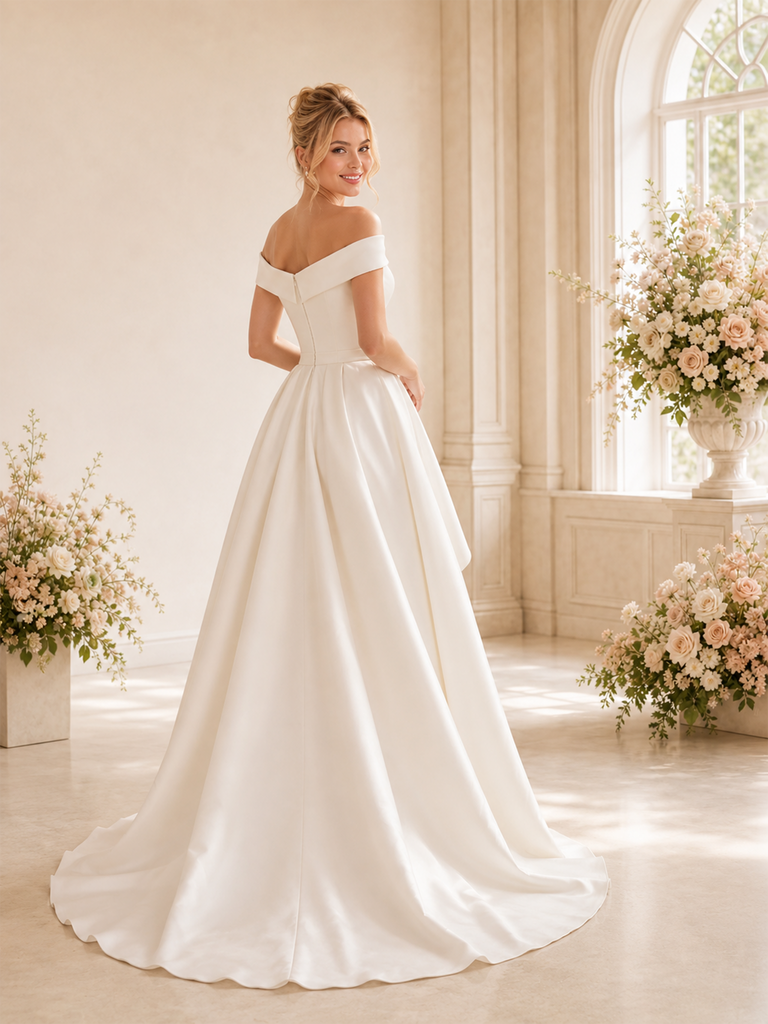 ChicSew Classy A-Line Off The Shoulder Pleated Crepe High-Low Long Wedding Dress