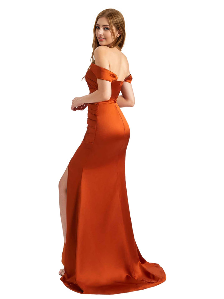 Sexy Off The Shoulder Silky Satin Side Split Mermaid Long Bridesmaid Dresses
