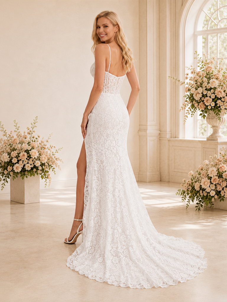 ChicSew Modern Pretty Spaghetti Straps Lace Tulle Mermaid Boning Floor-Length Wedding Dress With Side Slit